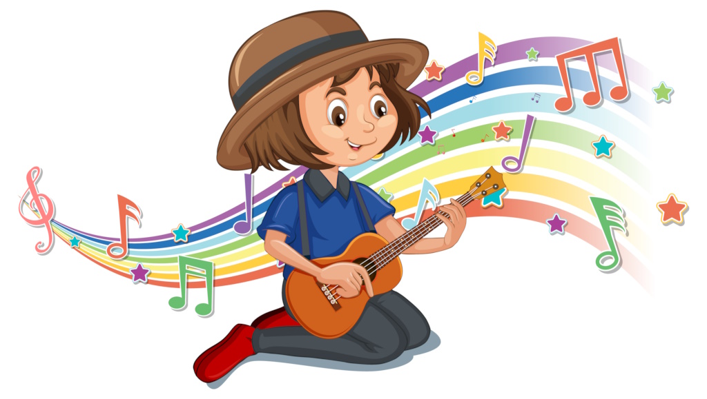 Eine junge Dozentin spielt auf einer Gitarre für Kinder im Musik im Kirschgarten
