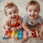 Babies halten ein Glockenspiel in der Hand und lachen in die Kamera