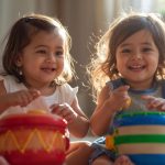 Kleinkinder spielen mit ihren Händen auf kleinen Trommeln